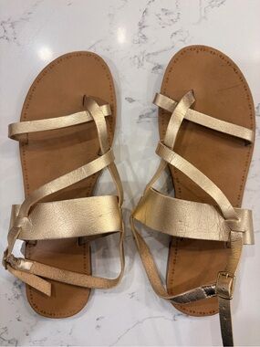 Metallic Gold Leather Strappy Sandals | Size 8